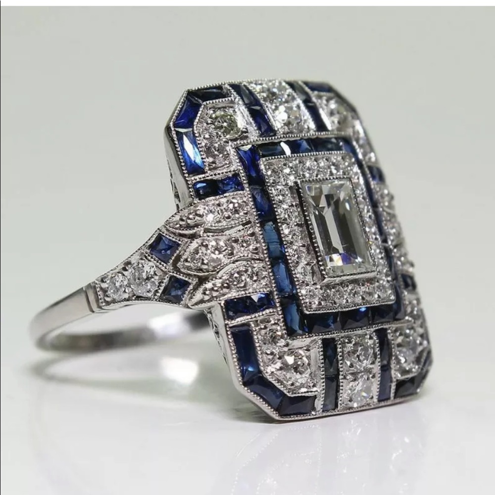 925 Silver Women Emerald Cut White Sapphire Ring Not glass but stones